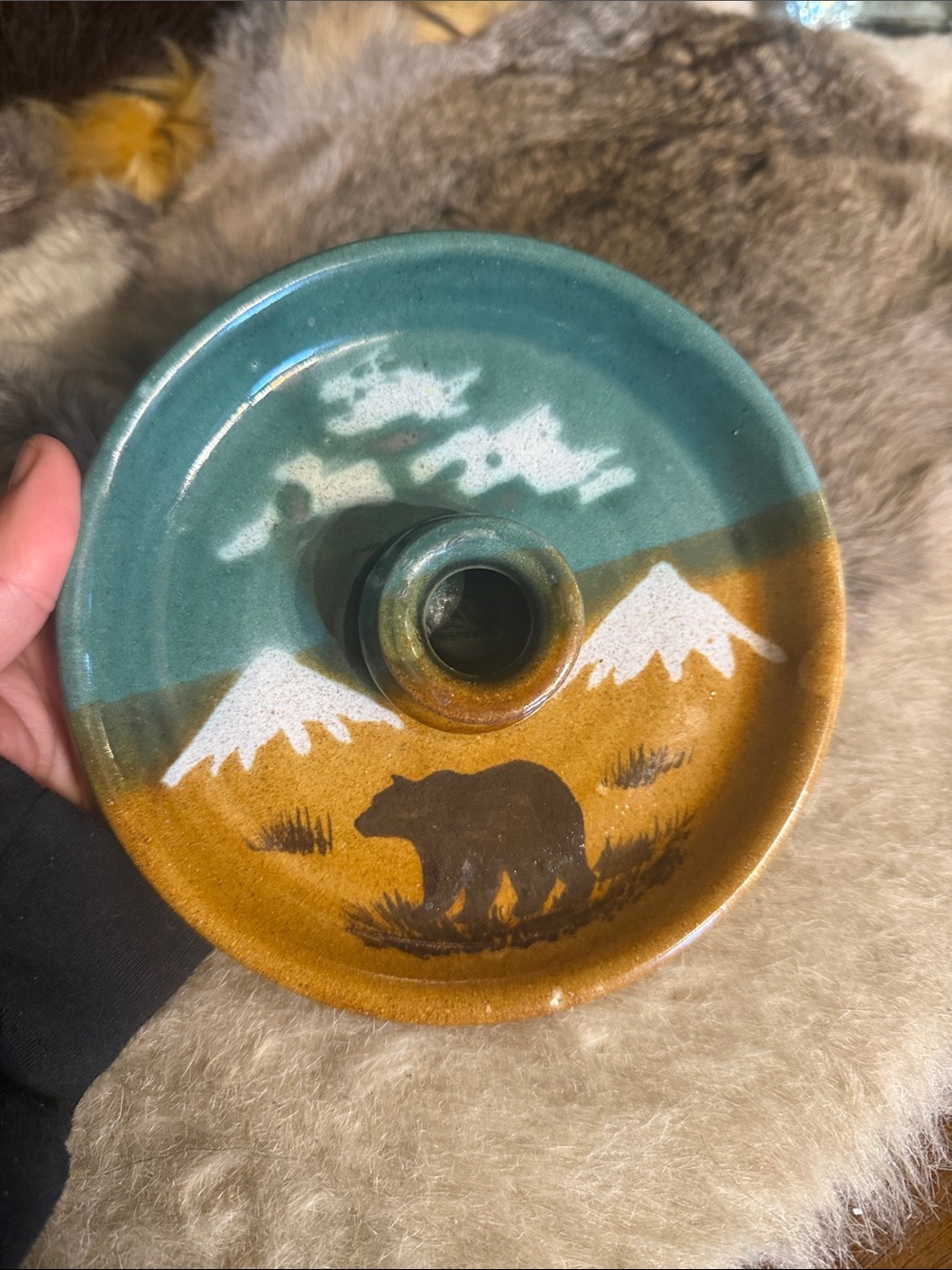 Handmade Bear Mountain Ceramic Candle Holder - Teal & Brown (UBUB)